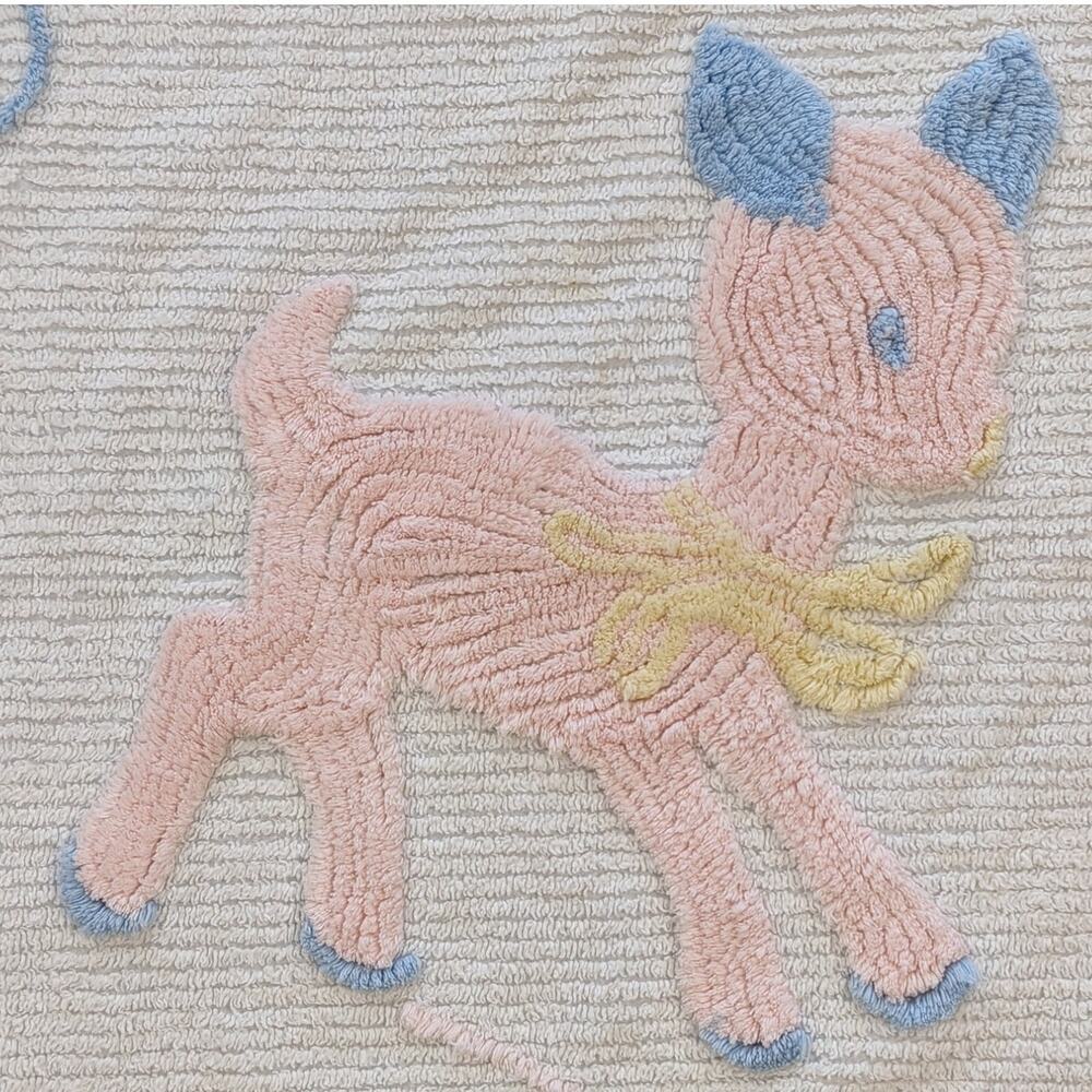 Vintage 1950s Tufted Chenille Pink & Blue Cute Baby Deer Fawn Crib Blanket Flaws